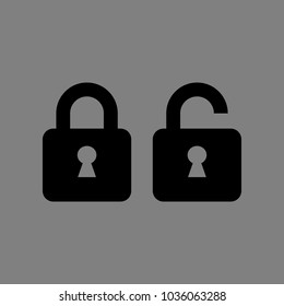 Locked und unlocked icon,. Vector. Black icon on medium gray background. Isolated.