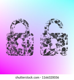 Locked und unlocked icon,. Vector. Gray icon with bubbled texture at color background with pink and sky blue corners.