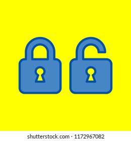 Locked und unlocked icon,. Vector. Office style blue icon at yellow background.