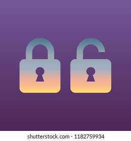 Locked und unlocked icon,. Vector. Evening gradient icon at violet background.