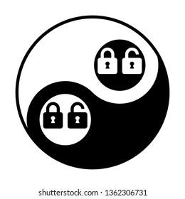 Locked und unlocked icon,. Vector. Black and white icon inside circles of yin and yang symbol at white background.
