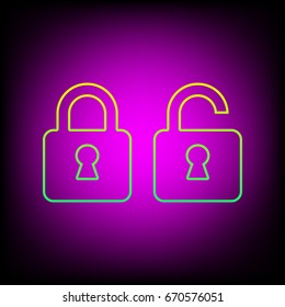 Locked und unlocked icon,. Vector. Yellow-green gradient linear icon on magenta light as background