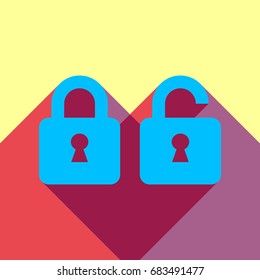 Locked und unlocked icon,. Vector. Deep sky blue icon with two flat violet and raspberry semitransparent shadows on canary background.