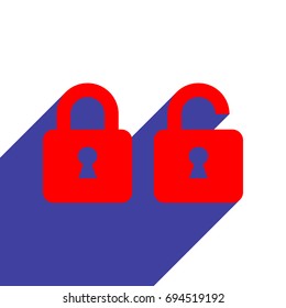 Locked und unlocked icon,. Vector. Red flat style icon with dark blue long shadow on white background.