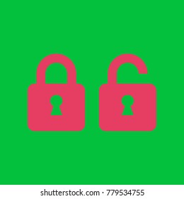 Locked und unlocked icon,. Vector. Paradise pink icon on dark pastel green background.