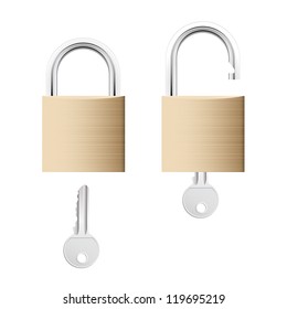 Locked and unlocked detailed gold locks with keys isolated on white background