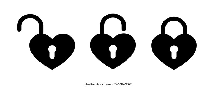 locked and unlocked heart black icon set, valentine day symbol, heart shape lock silhouette, vector illustration
