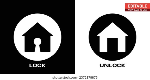 Locked Unlocked Home, icon, badge, logo, symbol, button, pictogram, sticker label, creative, lock, unlock, security, flat vector, isolated illusttration. template. Circle.