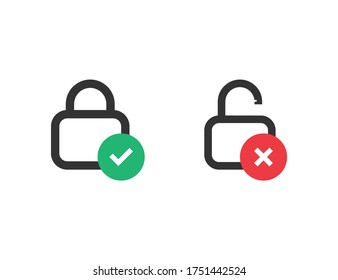 Locked and unlocked icon. Correct and wrong status of padlock. Protection sign. Security icon. Privacy illustration. Opened and closed. Encrypted sign with green and red circles. Vector EPS 10