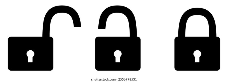 Locked and unlocked icon set. Closed and open padlock collection. Privacy and security symbol. Vector illustration isolated on white.