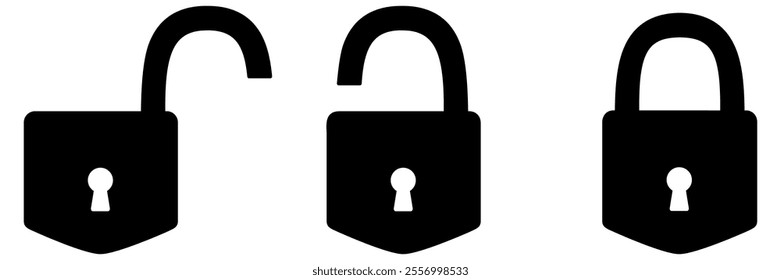 Locked and unlocked icon set. Closed and open padlock collection. Privacy and security symbol. Vector illustration isolated on white.