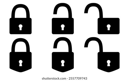 Locked and unlocked icon set. Privacy and security symbol group. Closed and open padlock collection. Vector illustration isolated on white.