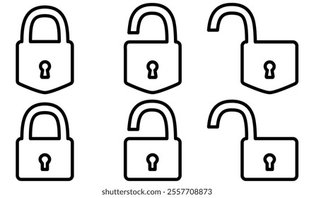 Locked and unlocked line icon set. Closed and open outline padlock collection. Privacy and security symbol. Vector illustration isolated on white.