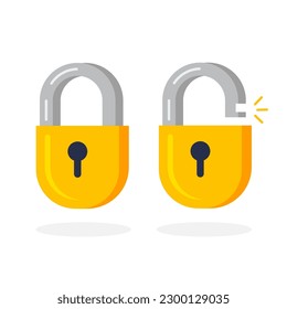 Locked and unlocked lock. Open and closed padlock. Vector illustration in trendy flat style isolated on white background.