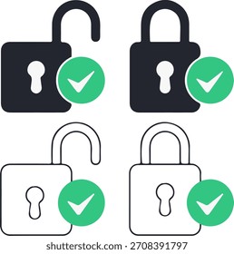 Bloqueado Desbloqueado Candado Marca de verificación Conjunto de iconos Seguridad Acceso Diseño de Vector