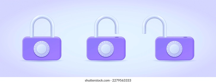 Locked and unlocked padlock with code lock. Protection, antivirus, access, privacy, firewall concept. 3d vector icon for web site, banner, landing page, print. Open lock three dimensional illustration