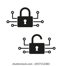 Candado bloqueado y desbloqueado con conexiones de red digital. Concepto de Vector de ciberseguridad. Cifrado y descifrado ilustración.