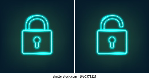 Locked and unlocked padlock icons in shiny neon graphic style - vector illustration