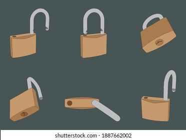 Locked and unlocked Padlock isolated with different angles from left right top rear