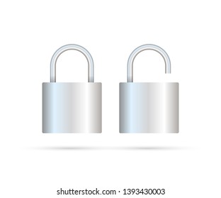 Locked And Unlocked Padlock Realistic. Security Concept. Metal Lock For Safety And Privacy.