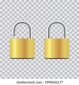 Locked and unlocked padlock. Realistic set of golden locks on transparent background. Security concept. Vector.