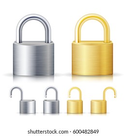 Ilustración De Conjunto Realista De Padlock Bloqueado Y Desbloqueado. Oro Y Acero. Concepto de seguridad. Bloqueo De Metal Para Seguridad Y Privacidad