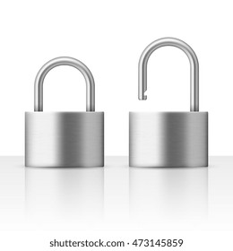 Locked and unlocked padlock vector illustration. Metal lock for safety and privacy.