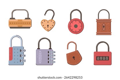 Locked and unlocked padlocks with codes, isolated set. Vector lock with keyhole in form of circle, heart and rectangle. Confidentiality and security of gates and lockers, storage units and luggage