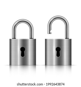 Locked and unlocked silver padlock isolated on white background, vector illustration
