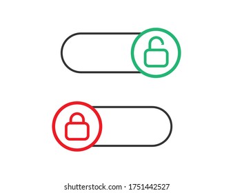 Locked and unlocked toggle. Switch on and off. Control slider. Red and green slider with round shape. Opened and closed symbol. Turn on and off. Isolated toggle. Vector EPS 10