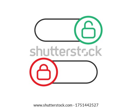 Locked and unlocked toggle. Switch on and off. Control slider. Red and green slider with round shape. Opened and closed symbol. Turn on and off. Isolated toggle. Vector EPS 10