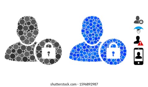 Locked user composition of round dots in different sizes and shades, based on locked user icon. Vector round dots are organized into blue composition.