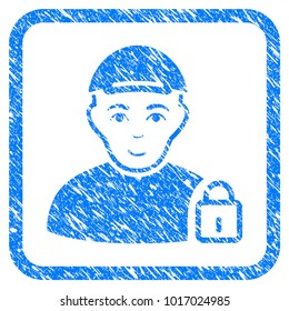 Locked User rubber seal imitation. Icon vector symbol with scratched design and dust texture in rounded square. Scratched blue sign. Dude face has joy feeling. a dude from locked user in a cap.