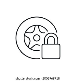 Icono lineal de las ruedas bloqueadas. Aparcamiento para coches. Ilustración personalizable de línea delgada. Símbolo de contorno. Dibujo de contorno aislado del vector. Trazo editable