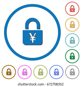 Locked Yens flat color vector icons with shadows in round outlines on white background