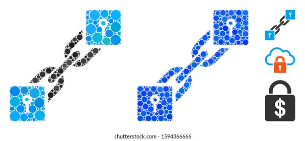 Locker blockchain mosaic of spheric dots in variable sizes and color hues, based on locker blockchain icon. Vector dots are combined into blue composition.