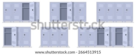 Locker cabinets with open and closed doors. Set of metal storage locker with different open and closed door variations