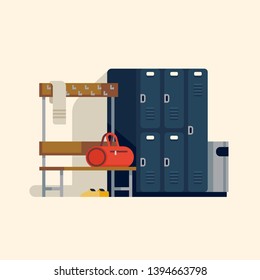 Locker or changing room interior in flat vector design. Gym or fitness center dressing room with lockers, bench, hooks, shoes and gym bag isolated