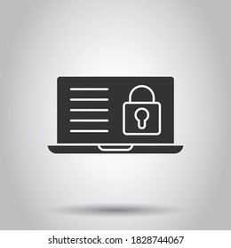 Locker computer icon in flat style. Padlock laptop vector illustration on white isolated background. Key unlock business concept.