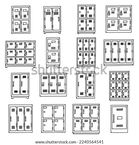 Locker Doodle vector icon set. Drawing sketch illustration hand drawn line.