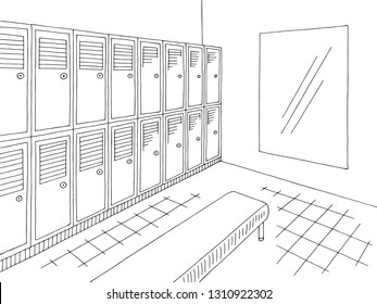 Locker dressing room graphic black white interior sketch illustration vector