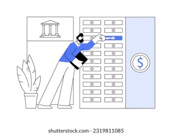 Ilustración vectorial de concepto abstracta de las instalaciones de Locker. Empresario abre su caja de seguridad en banco de ladrillos y morteros, ahorro y almacenamiento de dinero, instalaciones de vestuario metáfora abstracta.