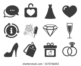 Locker with heart, gift box and fireworks signs. Discount offer tag, chat, info icon. Wedding, engagement icons. Dress, heart and champagne glass symbols. Classic style signs set. Vector
