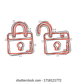 Locker icon in comic style. Padlock password cartoon vector illustration on white isolated background. Key unlock splash effect business concept.