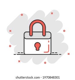 Locker icon in comic style. Padlock password cartoon vector illustration on white isolated background. Key unlock splash effect business concept.