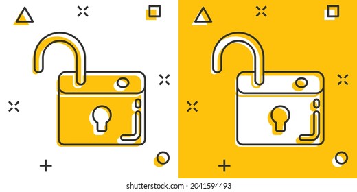 Locker icon in comic style. Padlock password cartoon vector illustration on white isolated background. Key unlock splash effect business concept.