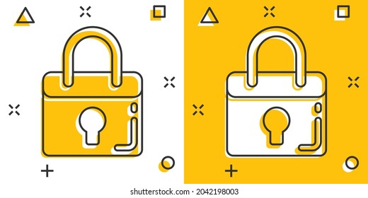 Locker icon in comic style. Padlock password cartoon vector illustration on white isolated background. Key unlock splash effect business concept.