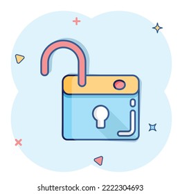Locker icon in comic style. Padlock password cartoon vector illustration on white isolated background. Key unlock splash effect business concept.