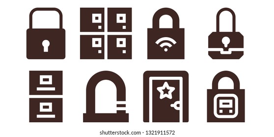 locker icon set. 8 filled locker icons.  Simple modern icons about  - Filing cabinet, Lock, Lockers, Dressing room, Padlock