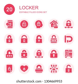 locker icon set. Collection of 20 filled locker icons included Unlocked, Unlock, Lock, Padlock, Locked, Wardrobe
